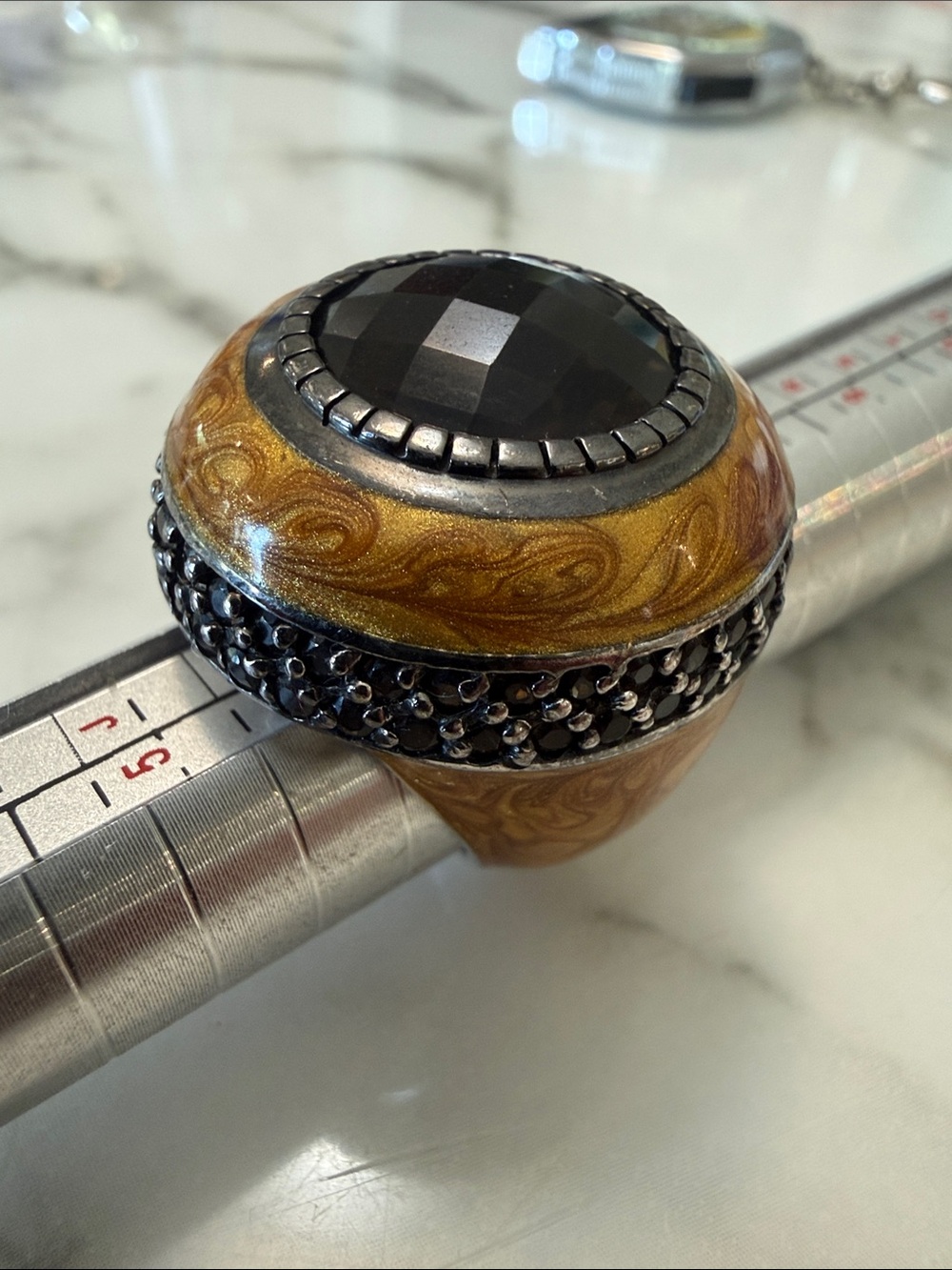 Women’s dome ring with smoky topaz and enamel sterling silver, size 6-6.5